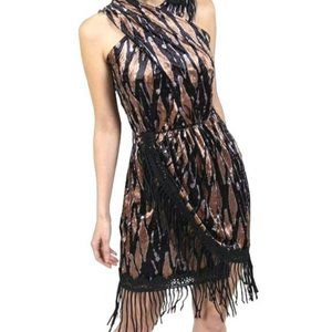 Allison X Commune Velvet Draped Fringe Metallic Black Rust Dress Size Medium NWT